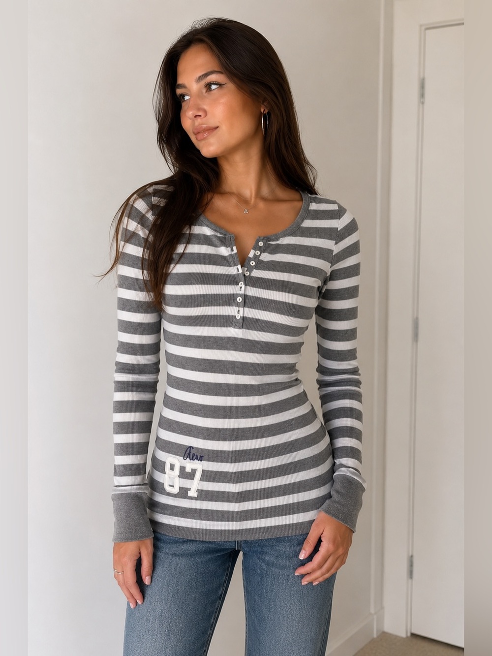 Y2K Aeropostale Grey White Striped Thermal Waffle Knit Fitted Henley Top Small